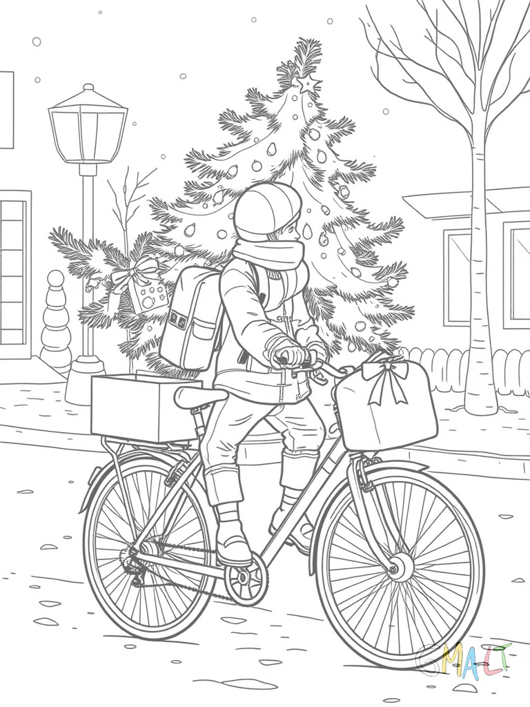 Ein Weihnachtsbaum wird von einem Postboten auf seinem Fahrrad transportiert. Der Baum ist hinten am Gepäckträger festgebunden