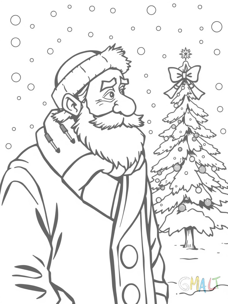 Ein Rentier mit roter Nase betrachtet neugierig einen kleinen geschmückten Weihnachtsbaum der draußen im Schnee steht