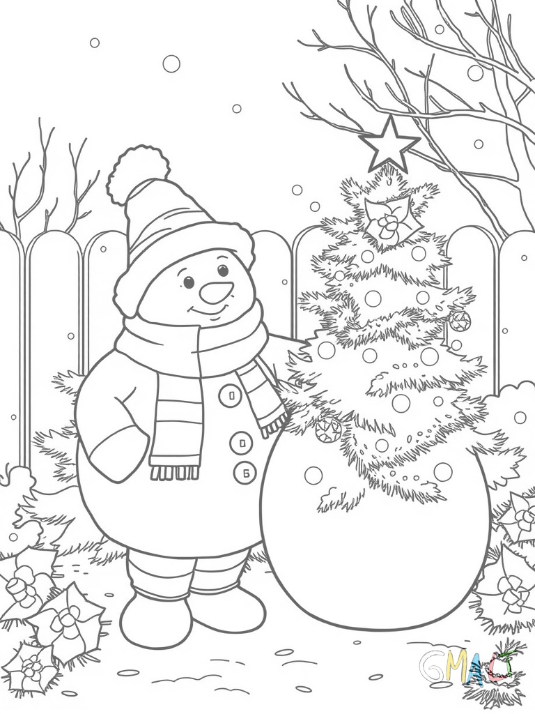 Ein Schneemann steht neben einem kleinen geschmückten Weihnachtsbaum im Garten. Er trägt einen Schal und einen Zylinder