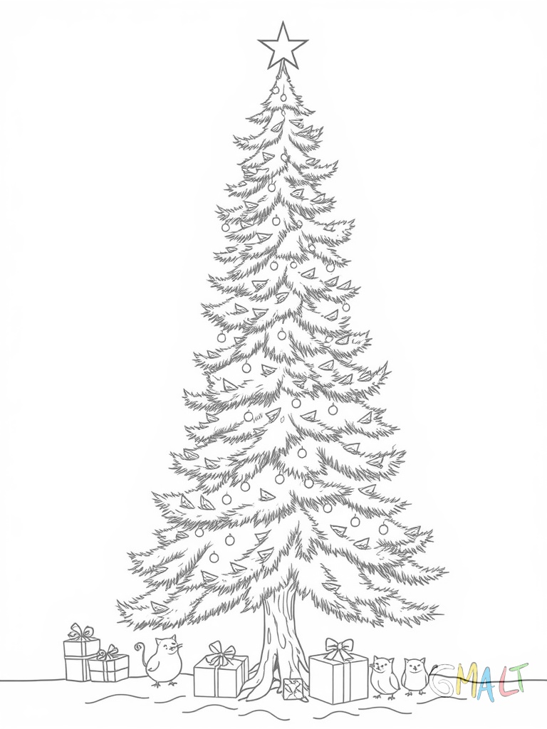 Ein großer Tannenbaum wird von vielen fleißigen Wichteln geschmückt. Sie klettern auf Leitern und reichen sich Schmuck zu