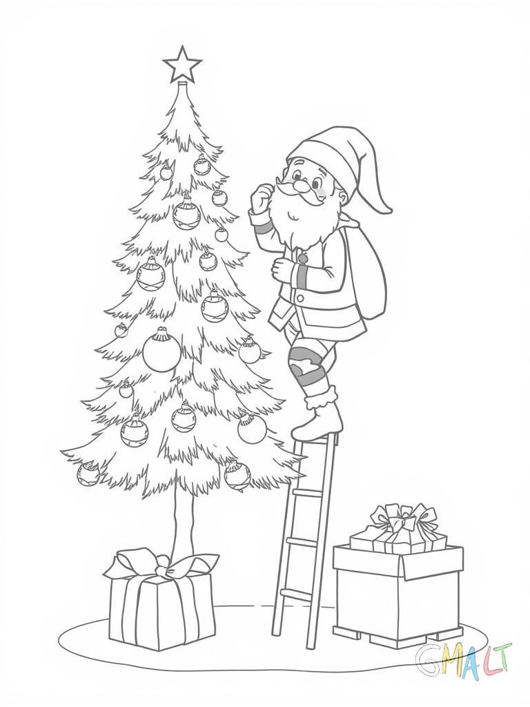 Ein Weihnachtself steht auf einer Leiter und schmückt einen Tannenbaum mit Kugeln und Sternen. Er trägt eine rote Uniform mit grünen Streifen. Neben der Leiter steht eine Kiste mit Weihnachtsschmuck.