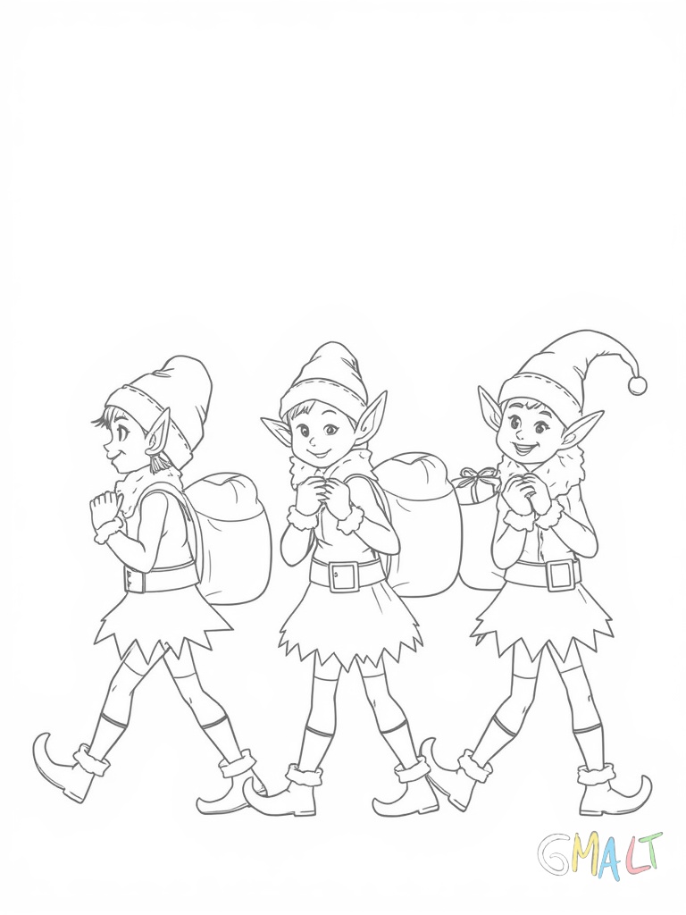 Eine Gruppe von drei Weihnachtselfen marschiert in einer Reihe. Jeder trägt einen Sack mit Geschenken auf dem Rücken. Sie haben alle spitze Ohren und tragen gestreifte Strümpfe.