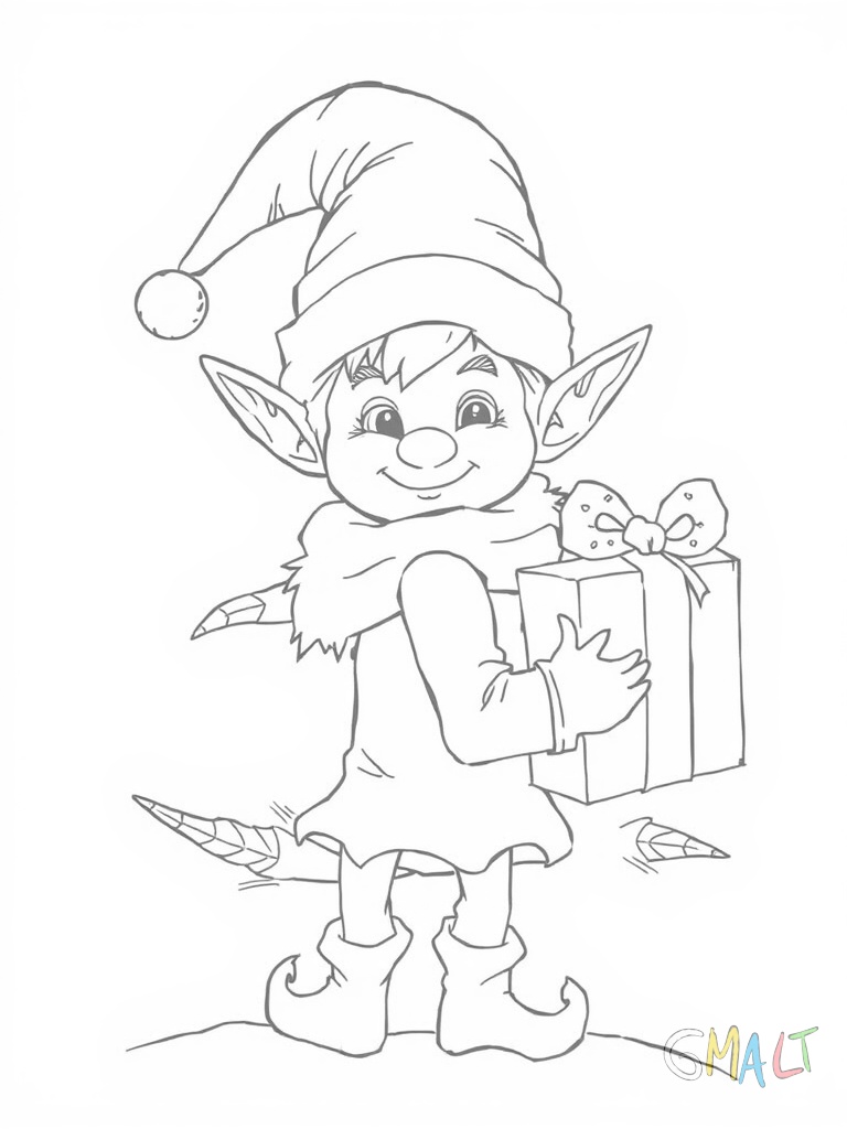 Ein verschmitzter Weihnachtself schleicht auf Zehenspitzen und versteckt ein Geschenk hinter seinem Rücken. Er trägt eine Glocke an seiner Mütze und hat ein breites Lächeln im Gesicht.