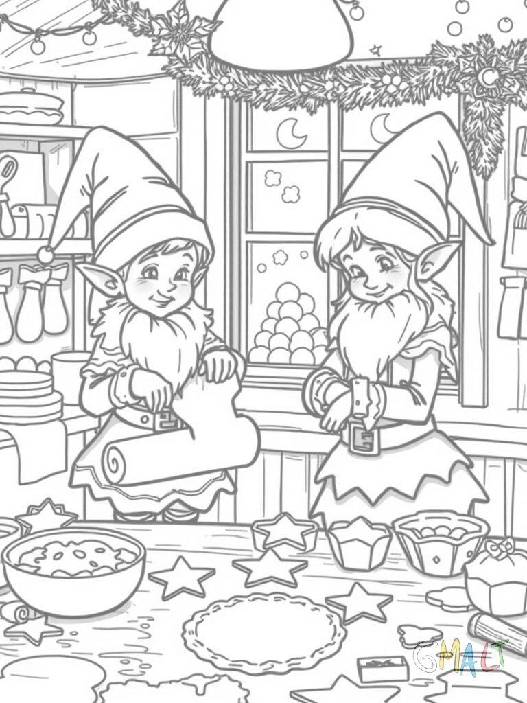 Zwei Weihnachtselfen backen Plätzchen in einer gemütlichen Weihnachtsbäckerei. Einer rollt den Teig aus während der andere Plätzchen aussticht. Auf dem Tisch stehen Plätzchenformen und Mehl.