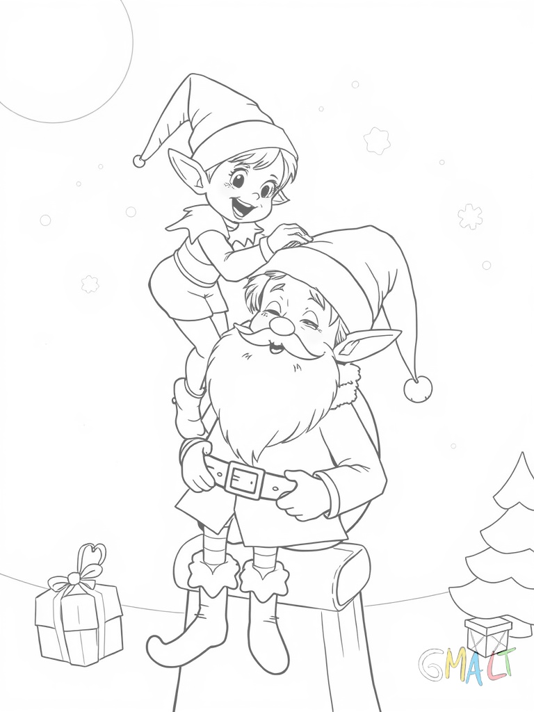 Ein kleiner Weihnachtself füttert Rudolph das Rentier mit einer Karotte. Das Rentier beugt seinen Kopf sanft herunter. Der Elf steht auf einem Hocker um das Rentier zu erreichen.