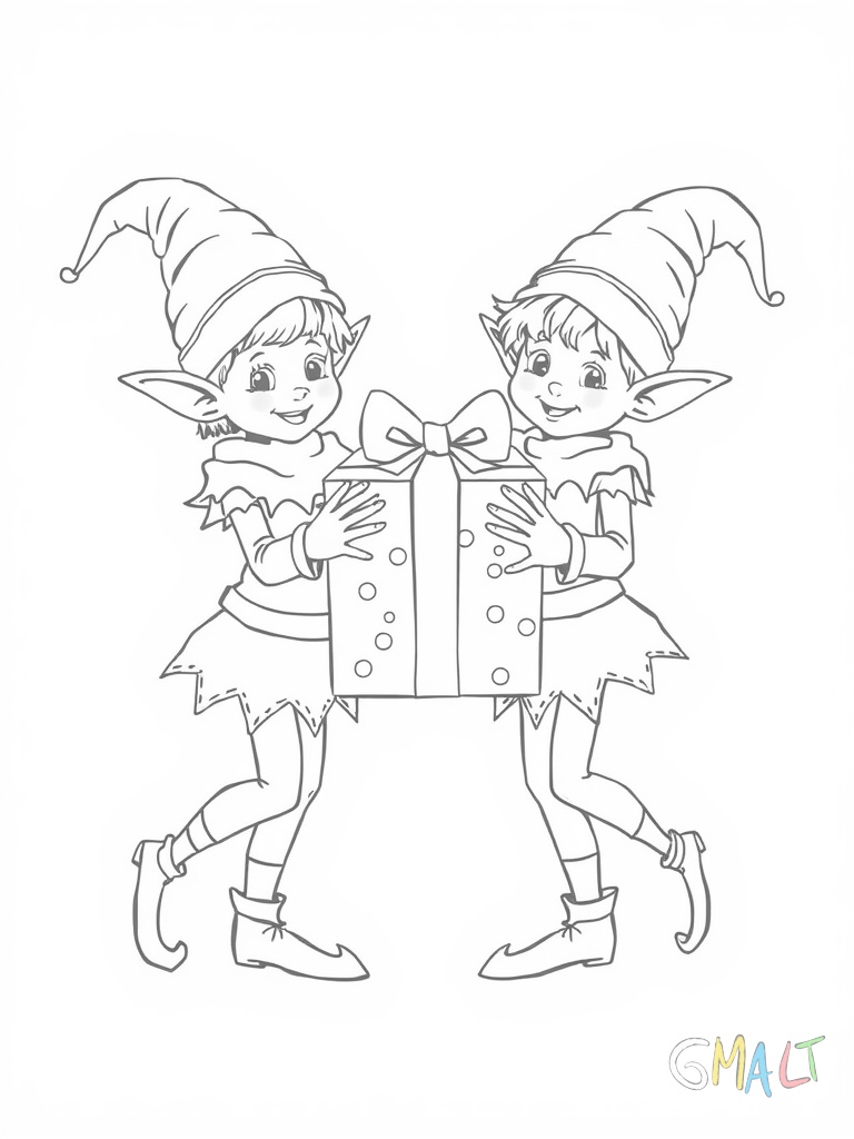 Zwei kleine Weihnachtselfen balancieren gemeinsam ein großes festlich eingepacktes Geschenk. Sie tragen typische Elfenkleidung mit Zipfelmützen und spitzen Schuhen. Das Geschenk ist fast so groß wie sie selbst.
