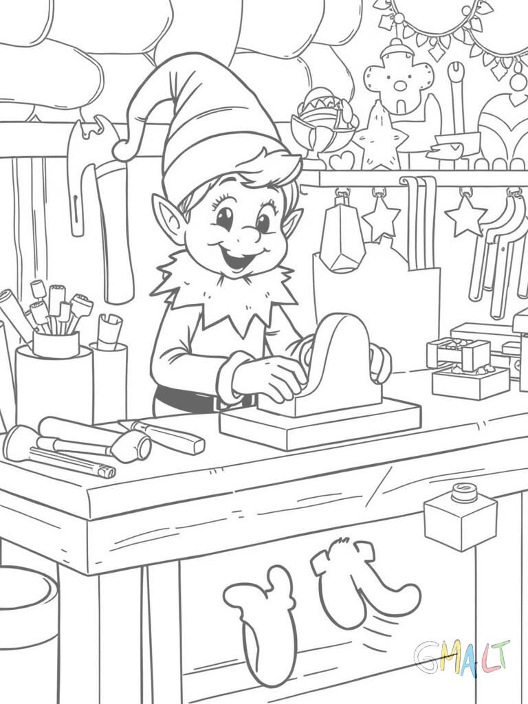 Ein fröhlicher Weihnachtself sitzt an einer Werkbank und hämmert konzentriert an einem Holzspielzeugzug. Vor ihm liegen Werkzeuge wie Hammer Säge und Schraubenzieher. Die Werkbank ist mit halbfertigen Spielsachen bedeckt.