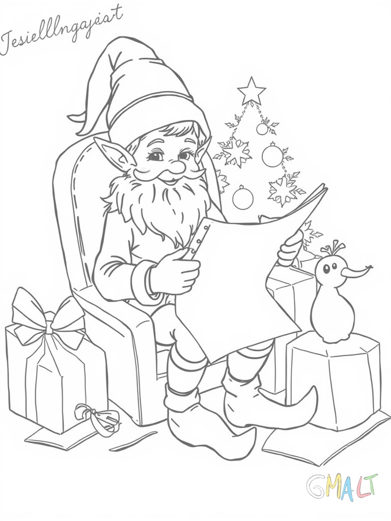Ein Weihnachtself sitzt im Schneidersitz und liest von einer langen Wunschzettel-Liste. Neben ihm liegt ein Stapel Briefe und ein Federkiel mit Tintenfass.