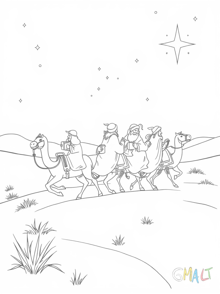 Die drei Weisen aus dem Morgenland reiten auf ihren Kamelen durch die Wüste. Sie folgen dem Stern der hell am Himmel leuchtet. Jeder trägt ein Geschenk in den Händen.