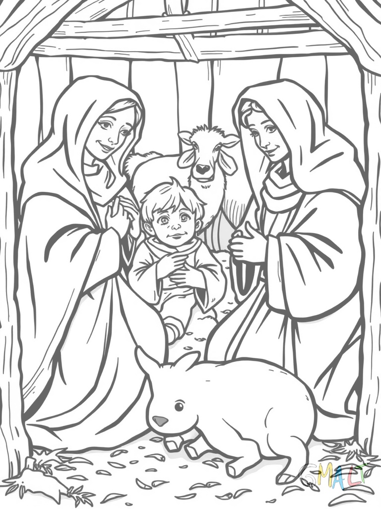 Die heilige Familie ist gemeinsam im Stall zu sehen. Maria und Josef knien neben der Krippe mit dem Jesuskind. Im Hintergrund stehen Ochs und Esel. Stroh liegt auf dem Boden verstreut.