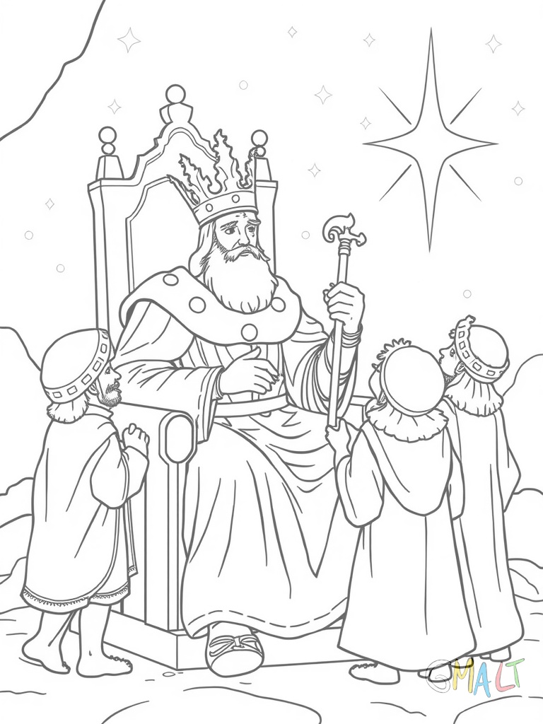König Herodes sitzt auf seinem Thron und spricht mit den drei Weisen. Er trägt eine große Krone und hält ein Zepter. Die drei Weisen stehen vor ihm und zeigen zum Himmel wo der Stern leuchtet.