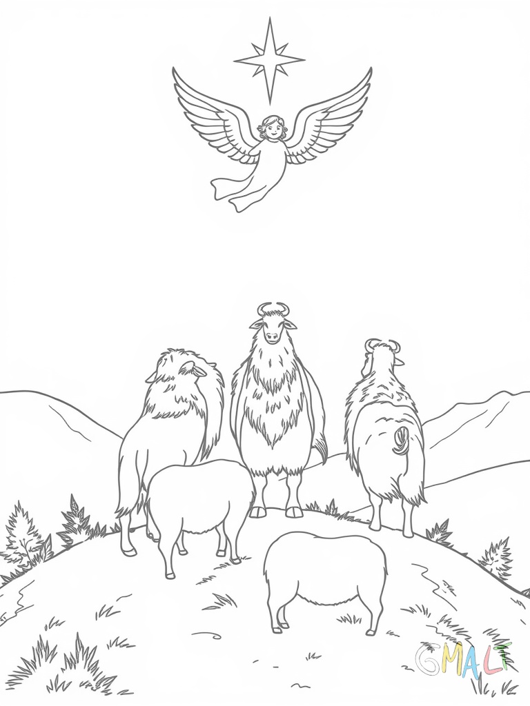 Drei Hirten stehen auf einem Hügel und blicken zum Himmel. Ihre Schafe grasen um sie herum. Ein Engel erscheint über ihnen mit ausgebreiteten Flügeln und verkündet die frohe Botschaft.