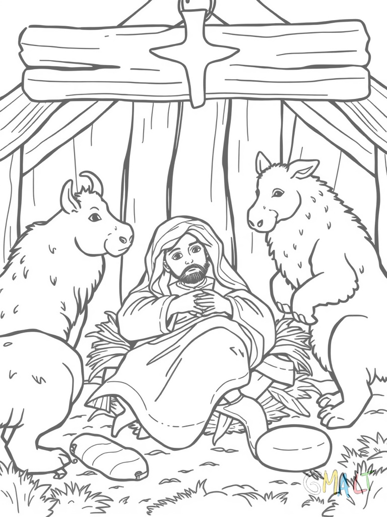 Das Jesuskind liegt in der Krippe auf Stroh gebettet. Die Krippe steht mittig im Bild. Ochs und Esel schauen von links und rechts auf das Kind. Über der Szene hängt ein einfacher Holzbalken der Stalldecke.