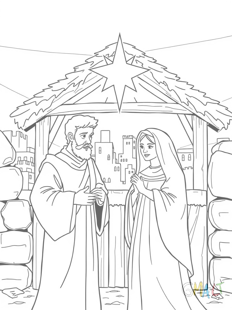 Maria und Josef stehen vor dem Stall in Bethlehem. Josef hält eine Laterne in der Hand während Maria sanft lächelt. Über dem Stalldach leuchtet der große Stern von Bethlehem. Im Hintergrund sind die Umrisse der Stadt zu sehen.