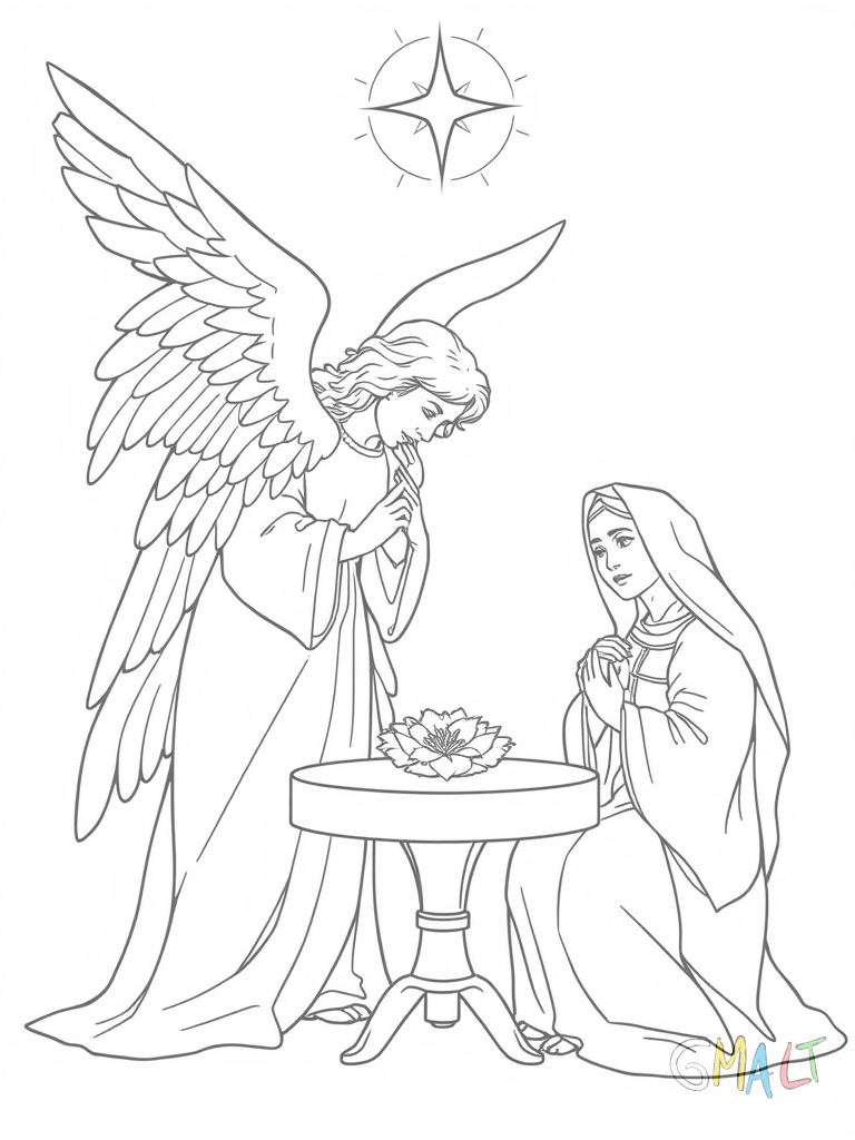 Ein großer Engel steht vor Maria die an einem kleinen Tisch sitzt. Der Engel hat seine Flügel ausgebreitet und verkündet Maria die Geburt Jesu. Eine Lilie steht in einer Vase auf dem Tisch.