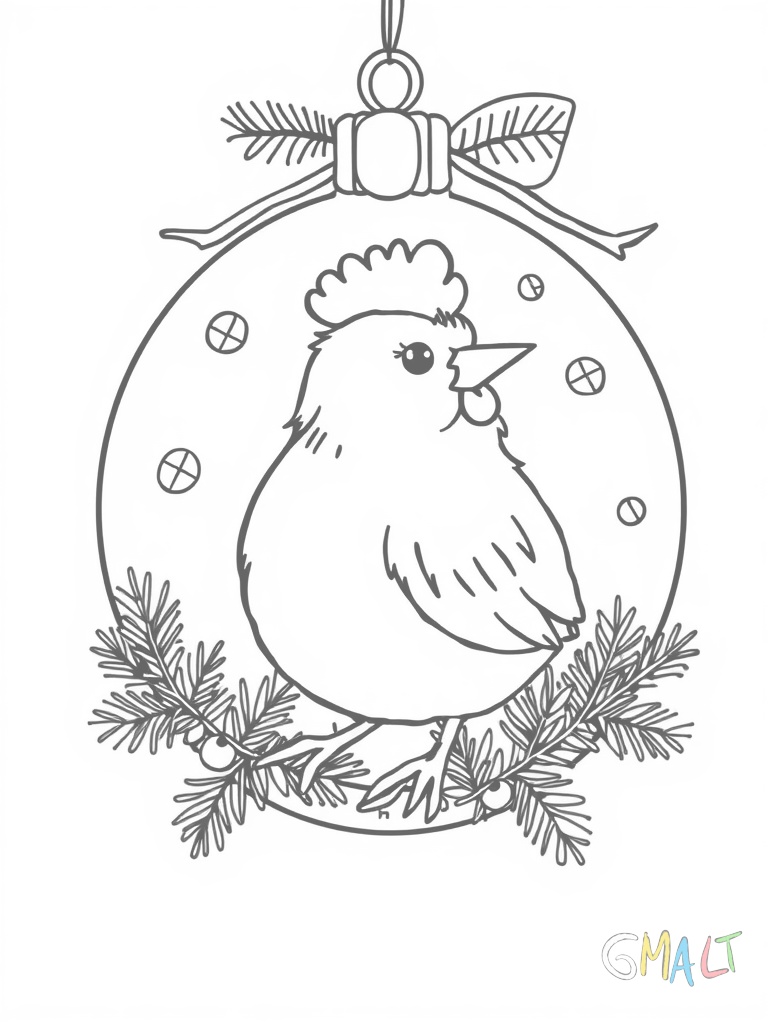 Eine Weihnachtskugel verziert mit einem Glocken-Motiv. Die Glocke hat eine Schleife und wird von Mistelzweigen umrahmt.