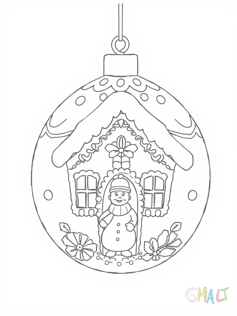 Eine klassische runde Weihnachtskugel mit einem aufgemalten Lebkuchenhaus. Vor dem Haus steht ein kleiner Schneemann.