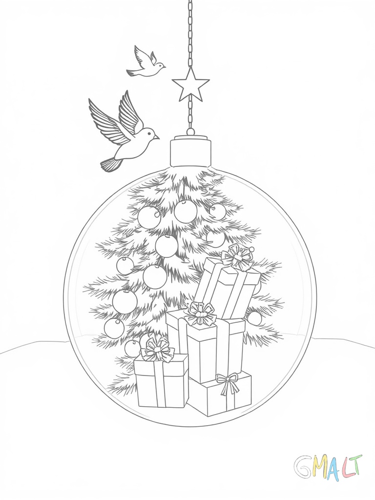 Eine bauchige Christbaumkugel auf der ein Weihnachtsschlitten mit Geschenken abgebildet ist. Über dem Schlitten fliegen drei kleine Vögel.