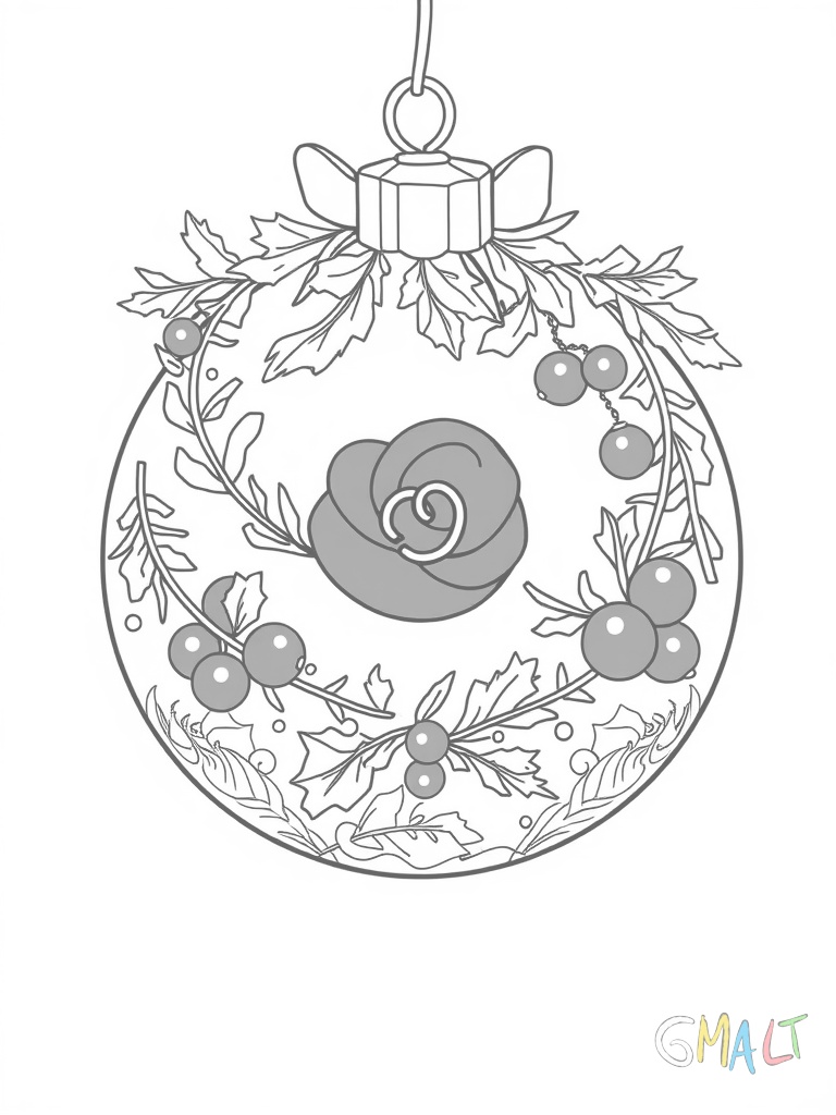 Eine Weihnachtskugel dekoriert mit einem Kranz aus Stechpalmenzweigen und roten Beeren. In der Mitte sitzt eine rote Schleife.