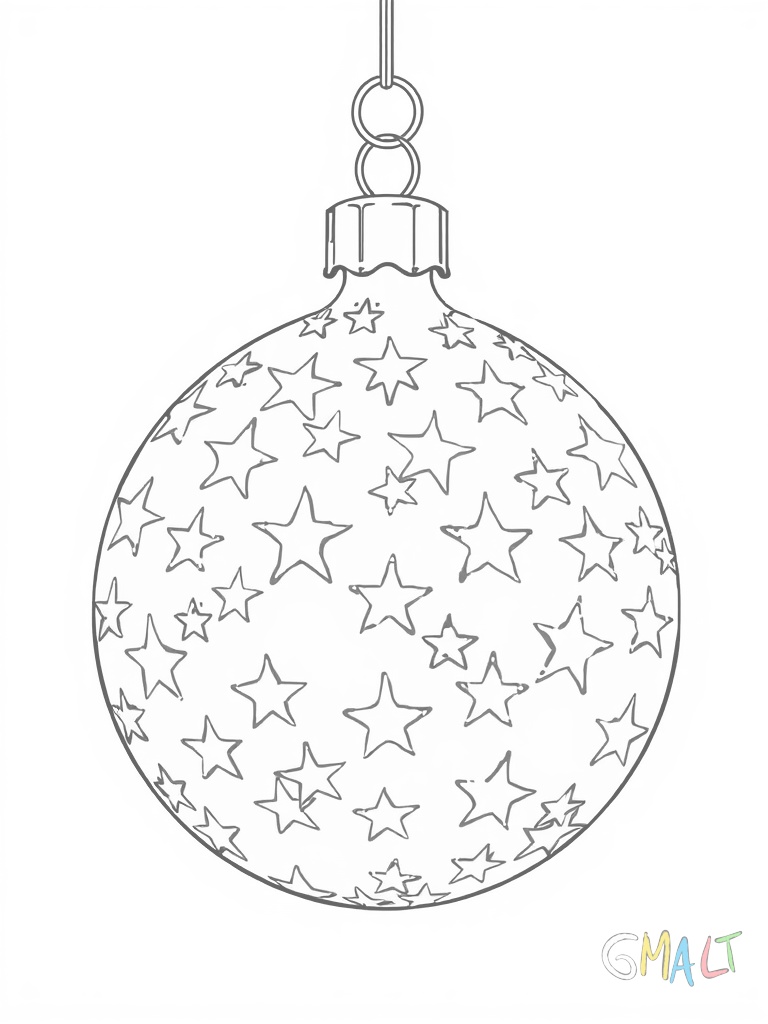 Eine Christbaumkugel verziert mit kleinen Sternen die spiralförmig von oben nach unten verlaufen. Am oberen Ende sitzt eine klassische Metallaufhängung.
