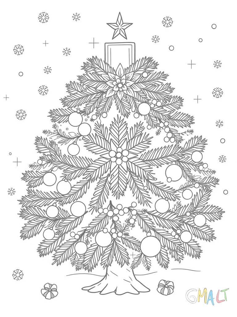 Eine große Christbaumkugel geschmückt mit einem Muster aus kleinen Tannenbäumen. Zwischen den Bäumen sind winzige Schneeflocken verteilt.