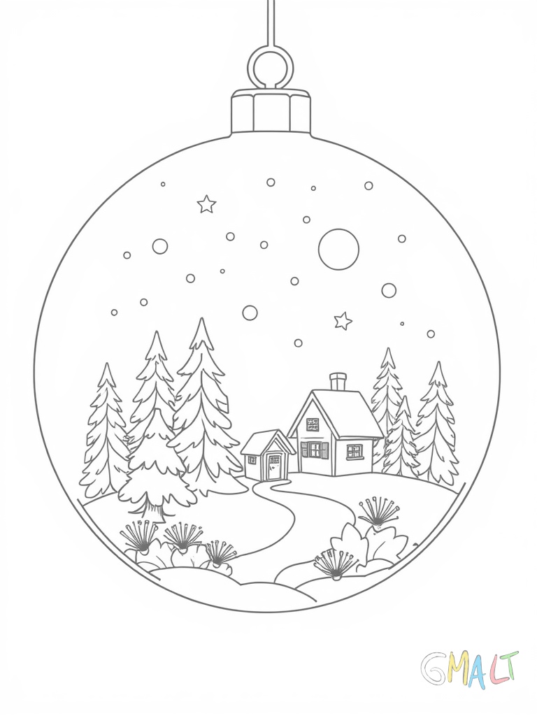 Eine große Glaskugel in der sich eine winterliche Landschaft mit verschneiten Tannenbäumen und einem kleinen Haus befindet.