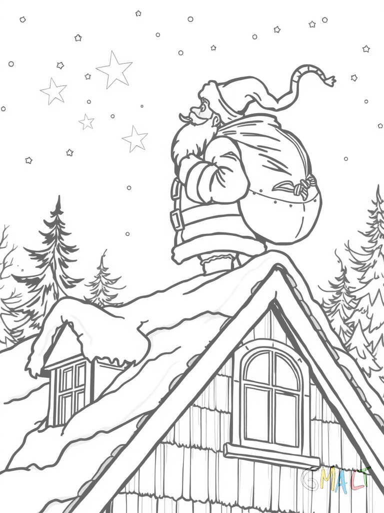 Der Weihnachtsmann steht auf dem Dach eines Hauses. Er trägt einen schweren Geschenkesack und schaut prüfend auf den Schornstein hinab. Sein langer Bart weht im Wind.
