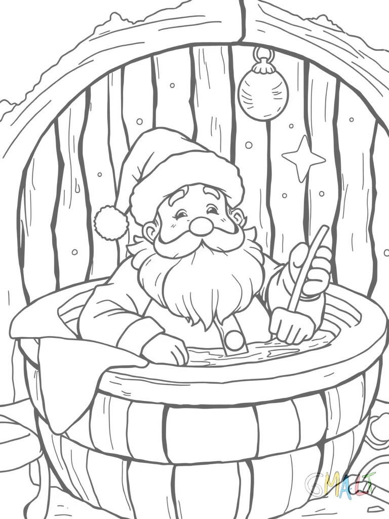 Ein badender Weihnachtsmann in einer großen Holzwanne. Sein Bart ist voller Schaum. Seine Gummiente schwimmt auf dem Wasser.