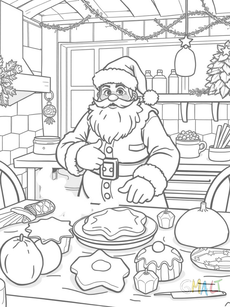 Der Weihnachtsmann backt Plätzchen in einer großen Küche. Er trägt eine Schürze und hält ein Backblech. Verschiedene Ausstechformen liegen auf dem Tisch.