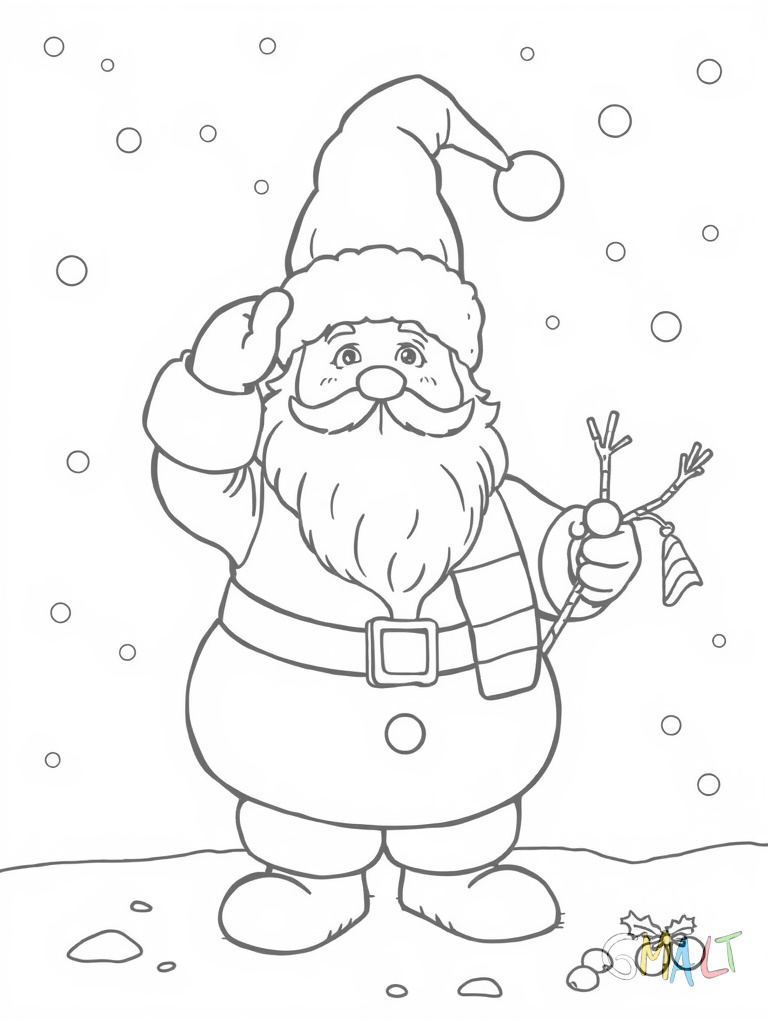 Der Weihnachtsmann baut einen Schneemann. Er setzt ihm gerade seine eigene Ersatzmütze auf. Eine Karotte und Kohlen liegen im Schnee bereit.