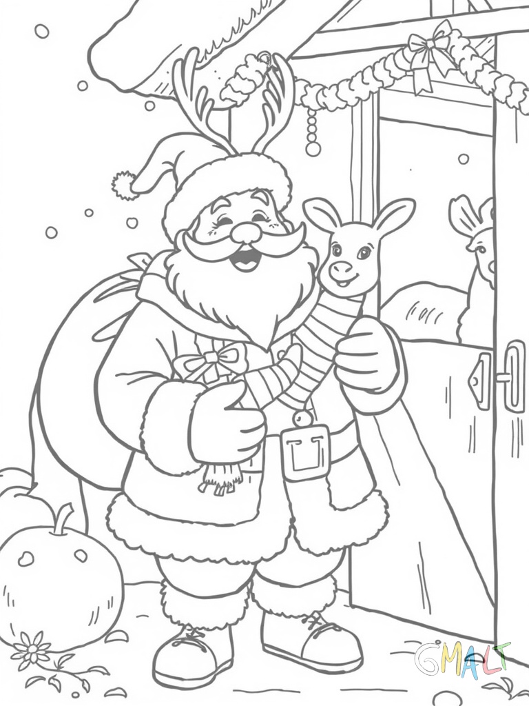 Ein fröhlicher Weihnachtsmann füttert seine Rentiere vor dem Stall. Er hält einen großen Korb mit Karotten. Rudolph steht vorne und seine rote Nase leuchtet.