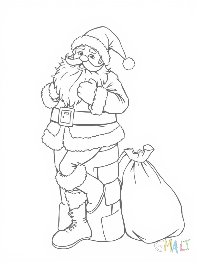 Der Weihnachtsmann steigt kopfüber in einen Schornstein. Seine Beine und Stiefel schauen noch heraus. Der Geschenkesack hängt neben ihm.