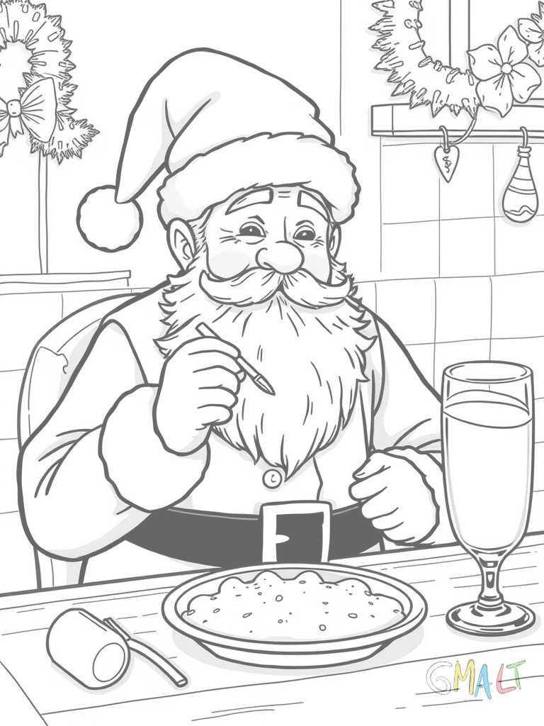 Ein müder Weihnachtsmann sitzt am Küchentisch und isst Plätzchen. Neben ihm steht ein Glas Milch. Seine Mütze ist leicht schief.