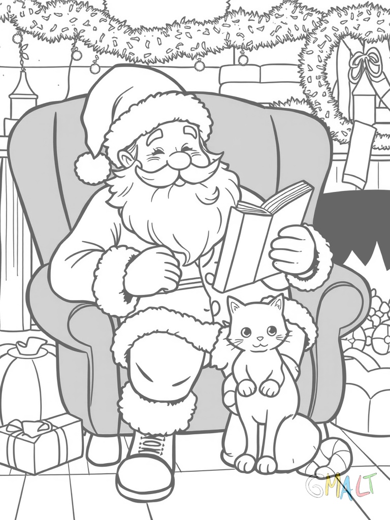 Ein lächelnder Weihnachtsmann sitzt in seinem großen roten Sessel vor dem Kamin. Auf seinem Schoß liegt ein dickes Buch mit einer Liste. Seine Stiefel sind ausgestreckt und ein kleines Kätzchen schläft daneben.