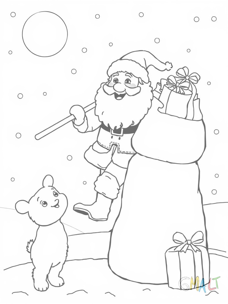 Ein fröhlicher Weihnachtsmann steigt gerade von seinem geparkten Schlitten ab. Zwei Rentiere stehen noch angespannt davor. Auf dem Schlitten liegt ein großer Sack voller Geschenke.