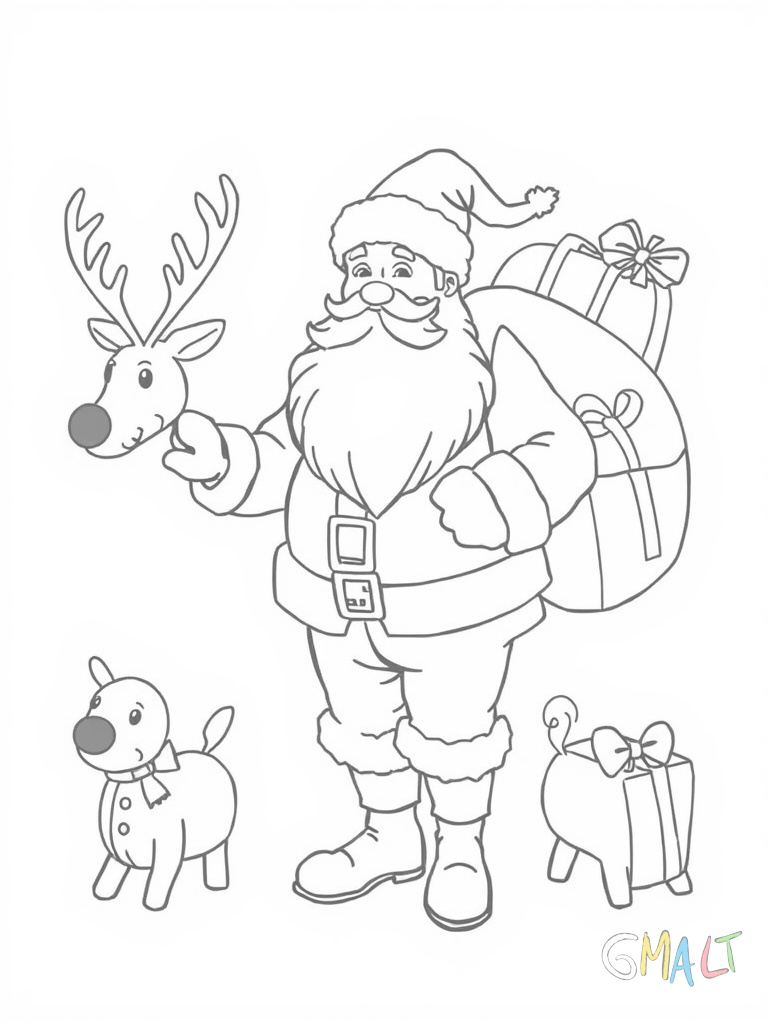 Der Weihnachtsmann belädt seinen Schlitten mit Geschenkpaketen. Rudolph das Rentier mit der roten Nase steht vorne und wendet den Kopf zum Weihnachtsmann um.
