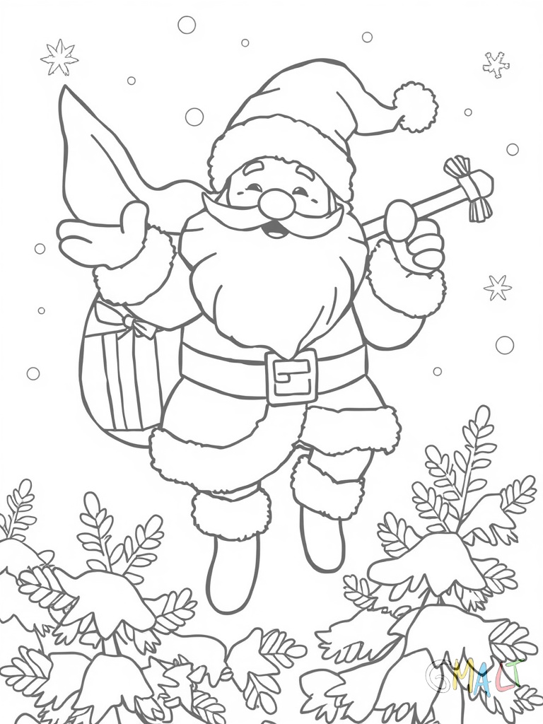 Der Weihnachtsmann sitzt lächelnd auf seinem Schlitten und hält die Zügel seiner acht Rentiere. Der Schlitten ist mit Geschenken beladen und fliegt über schneebedeckte Tannenbäume hinweg.