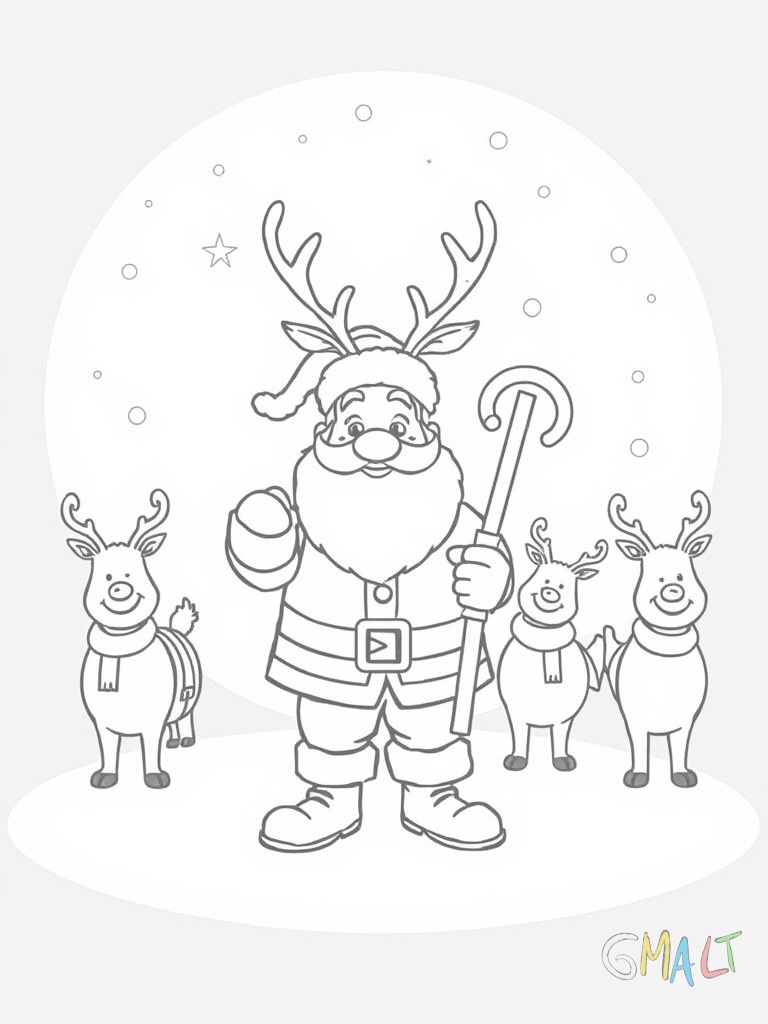 Frontansicht des Schlittens mit Rudolph vorne in der Mitte. Der Weihnachtsmann hält die Zügel und zwinkert fröhlich. Rechts und links sind je drei weitere Rentiere zu sehen.
