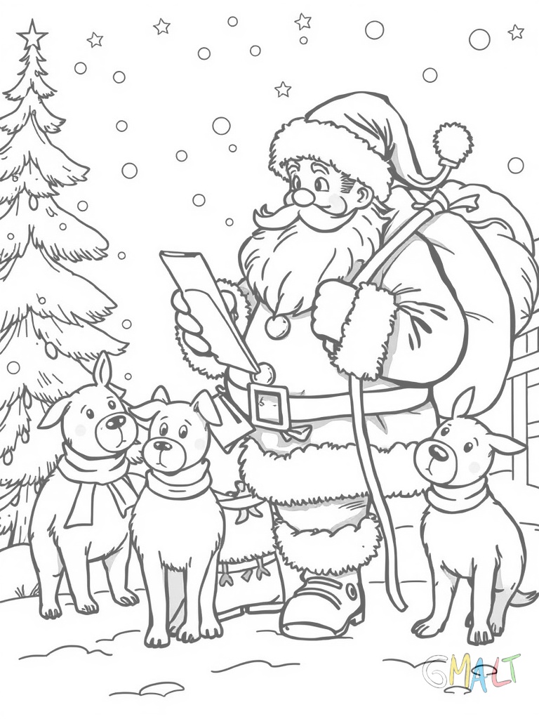 Der Weihnachtsmann überprüft seine Geschenkeliste während er auf dem geparkten Schlitten sitzt. Vier Rentiere sind zu sehen und schnuppern im Schnee nach Futter.