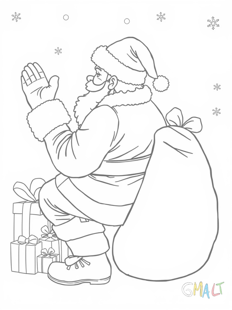 Seitenansicht des Schlittens mit allen acht Rentieren in einer Reihe. Der Weihnachtsmann sitzt mit erhobener Hand winkend auf seinem Sitz. Ein großer Geschenksack liegt hinter ihm.