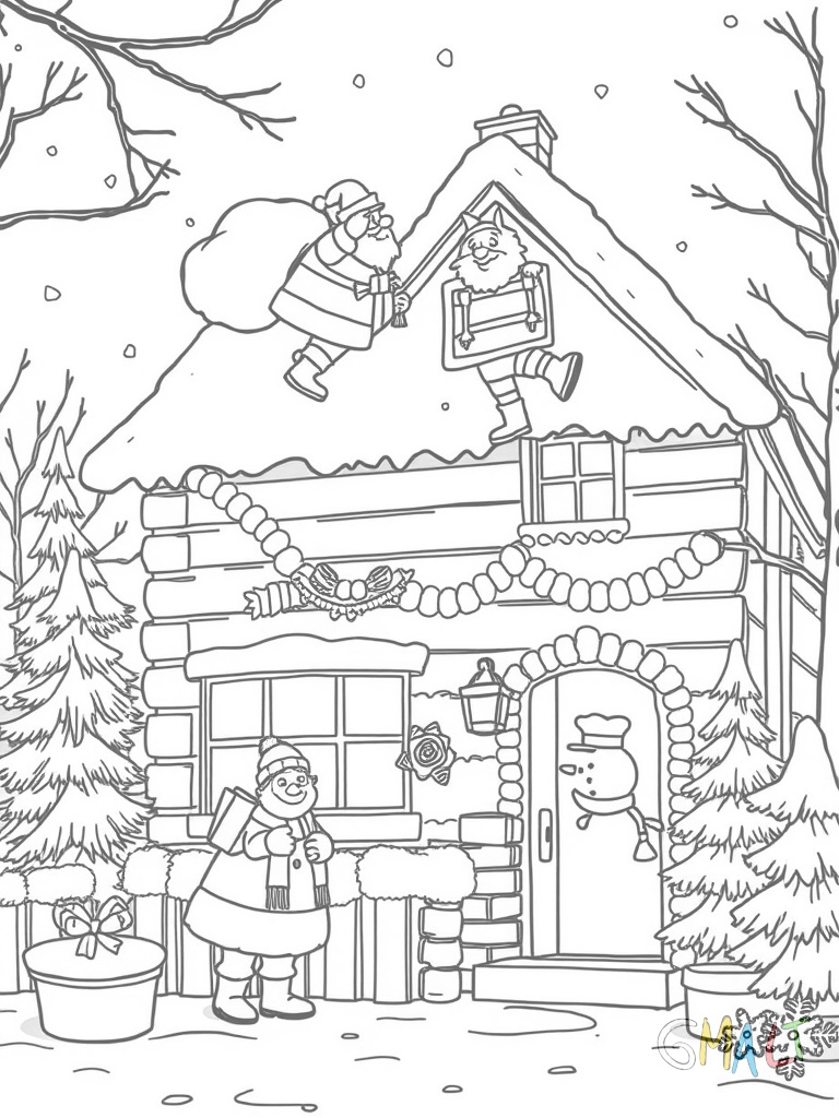 Der Schlitten steht vor einem Haus. Der Weihnachtsmann klettert mit seinem Geschenksack auf das Dach. Die Rentiere warten geduldig und ein kleiner Schneemann steht daneben.