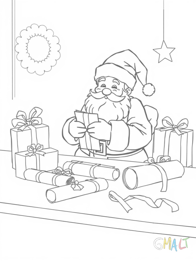 Der Weihnachtsmann packt Geschenke ein. Verschiedene Geschenkpapierrollen liegen auf dem Tisch. Eine Schere und Klebestreifen sind griffbereit.