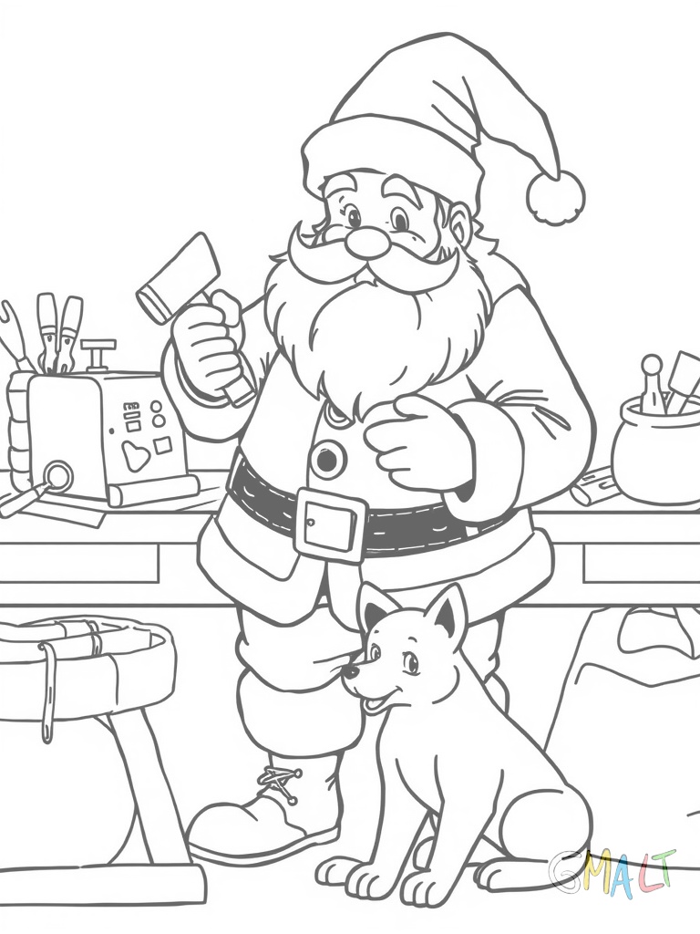 Der Weihnachtsmann repariert ein Spielzeug. Er hält einen kleinen Hammer und verschiedene Werkzeuge liegen auf der Werkbank. Eine Lupe liegt vor ihm.