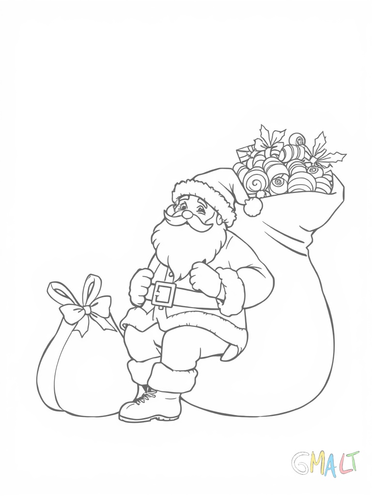 Der Weihnachtsmann sitzt in seinem Schlitten. Die acht Rentiere stehen startbereit davor. Der Geschenkesack ist prall gefüllt und ragt hoch auf.