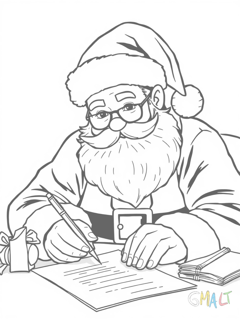 Der Weihnachtsmann schreibt mit einer Feder an seinem Schreibtisch Briefe. Vor ihm liegt ein Stapel Umschläge. Eine Brille sitzt auf seiner Nase.