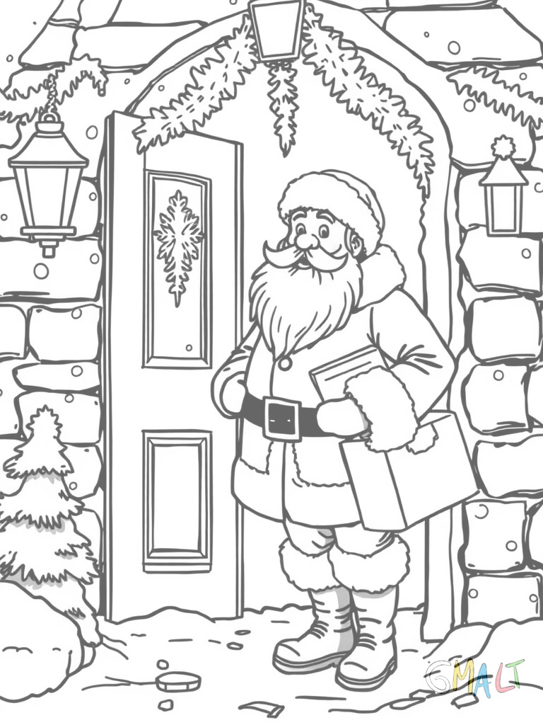 Ein winkender Weihnachtsmann steht vor seiner Haustür am Nordpol. Sein Briefkasten ist mit Schnee bedeckt. Ein Rentier schaut um die Hausecke.