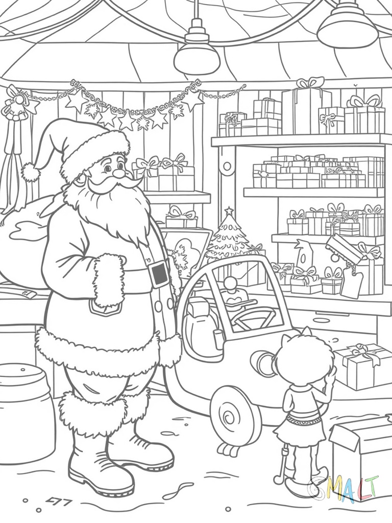 Der Weihnachtsmann steht in seiner Werkstatt und begutachtet ein Spielzeugauto. Um ihn herum arbeiten fleißige Elfen an Werkbänken. Auf den Regalen stehen viele Geschenke.