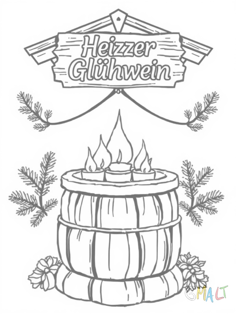 Eine dampfende Glühweinbude mit spitzem Holzdach. Auf dem Tresen stehen mehrere Tassen. Über der Bude hängt ein Holzschild mit der Aufschrift 'Heißer Glühwein'. Links und rechts sind Tannenzweige befestigt.