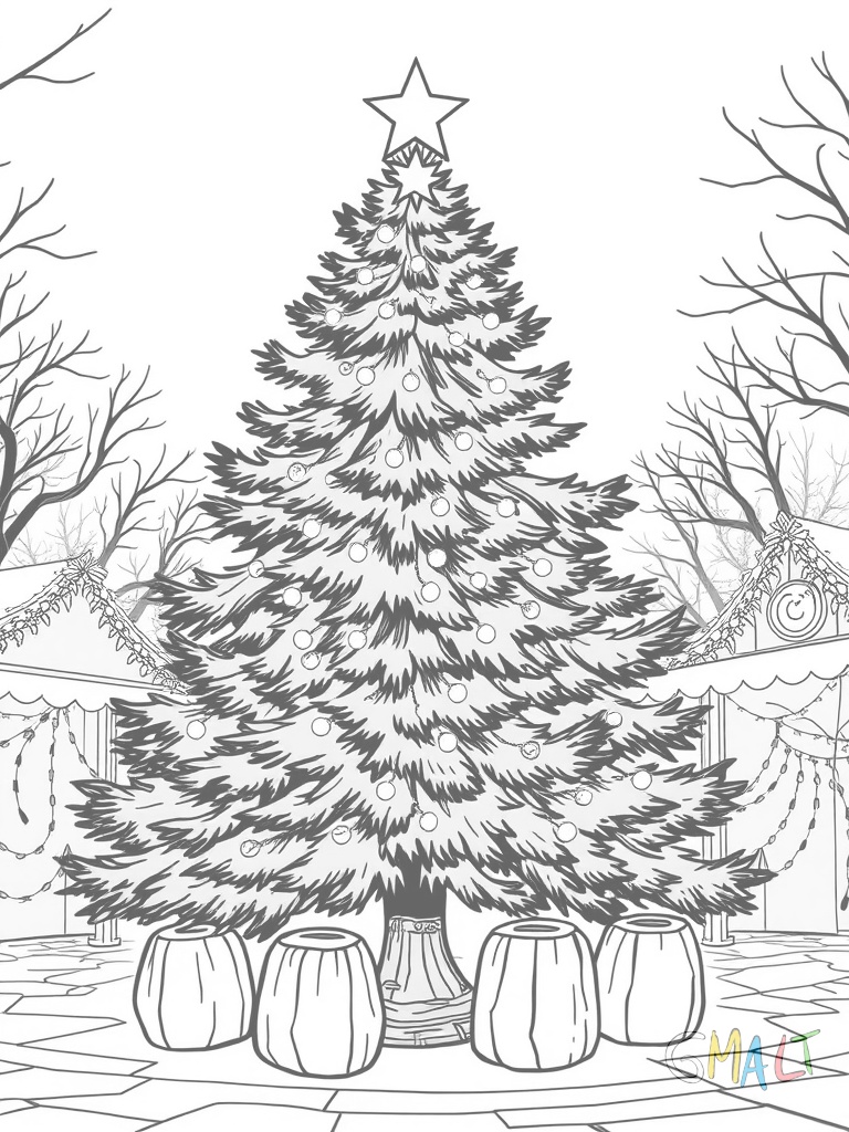 Ein großer festlich geschmückter Weihnachtsbaum steht in der Mitte eines Weihnachtsmarkts. Um den Baum herum sind vier kleine Holzbuden aufgestellt. Auf der Baumspitze leuchtet ein Stern. Kleine Lichterketten hängen von den Zweigen.