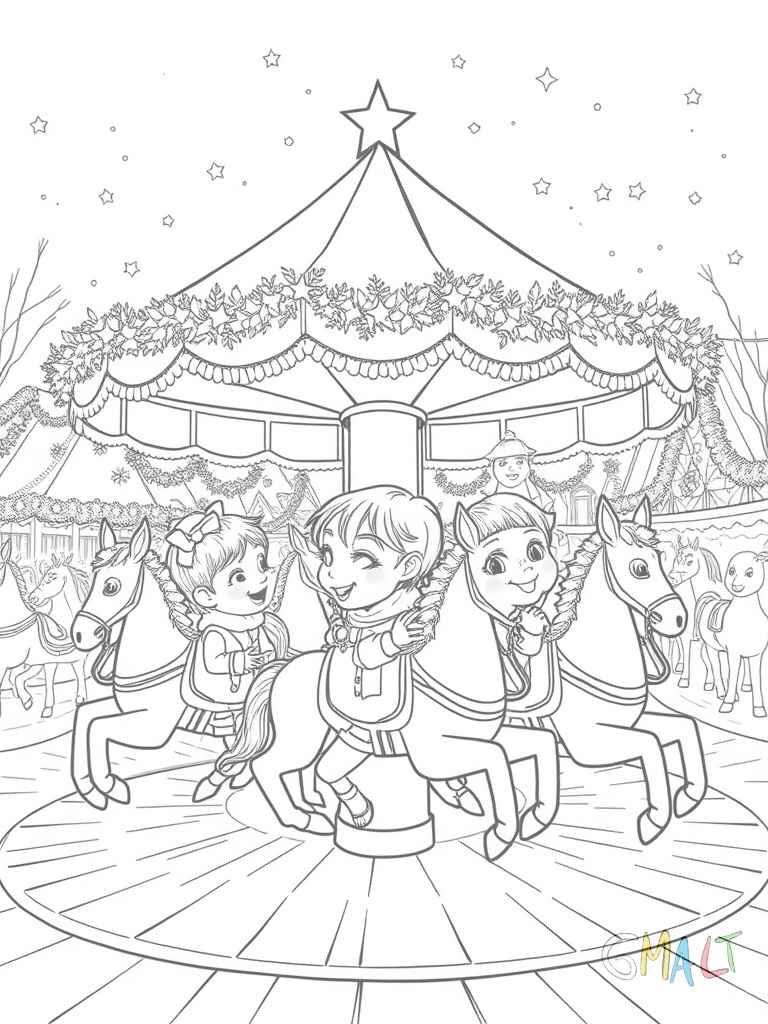 Ein Karussell mit bunten Holzpferden dreht sich auf dem Weihnachtsmarkt. Darüber spannt sich ein rundes Dach mit Sternen. Drei Kinder sitzen auf den Pferden und lachen.
